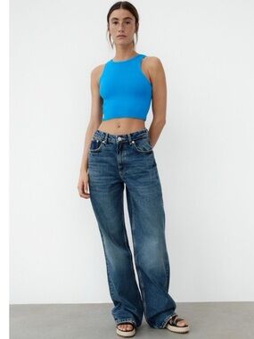 Zara Ribbed Mock High Neck Cropped Tank Size Large Blue